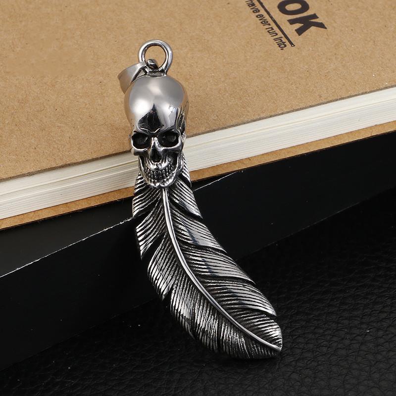 Stainless Steel Leaf Fashion Chain Feather Skull Necklace Pendant For men Jewelry Punk Charm Choker Gothic Gifts-Necklace Pendant-Rossny