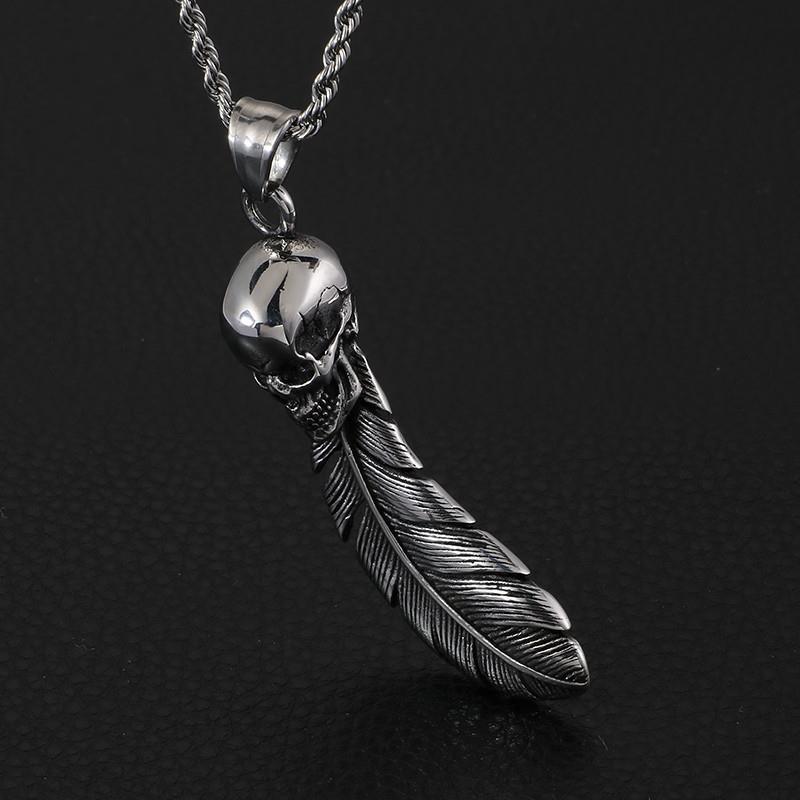 Stainless Steel Leaf Fashion Chain Feather Skull Necklace Pendant For men Jewelry Punk Charm Choker Gothic Gifts-Necklace Pendant-Rossny