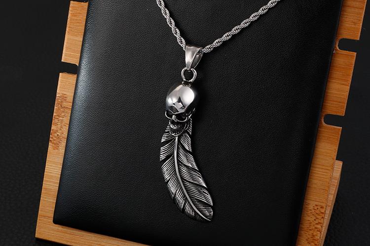 Stainless Steel Leaf Fashion Chain Feather Skull Necklace Pendant For men Jewelry Punk Charm Choker Gothic Gifts-Necklace Pendant-Rossny