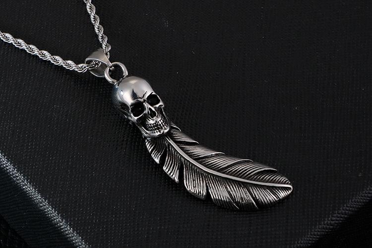 Stainless Steel Leaf Fashion Chain Feather Skull Necklace Pendant For men Jewelry Punk Charm Choker Gothic Gifts-Necklace Pendant-Rossny