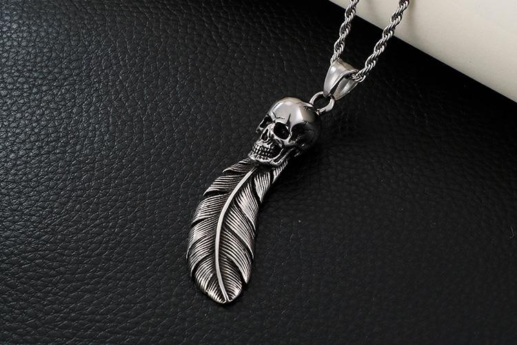 Stainless Steel Leaf Fashion Chain Feather Skull Necklace Pendant For men Jewelry Punk Charm Choker Gothic Gifts-Necklace Pendant-Rossny