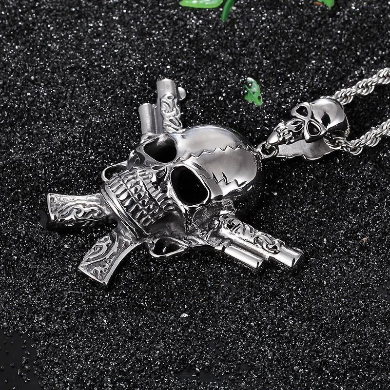 New Male Costume Accessory Stainless Steel High Quality Gun&Skull Cool Pendant Necklace Punk Gothic Biker Jewelry-Necklace Pendant-Rossny