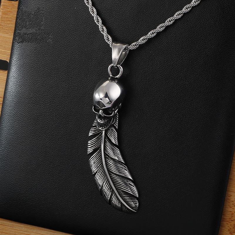 Stainless Steel Leaf Fashion Chain Feather Skull Necklace Pendant For men Jewelry Punk Charm Choker Gothic Gifts-Necklace Pendant-Rossny